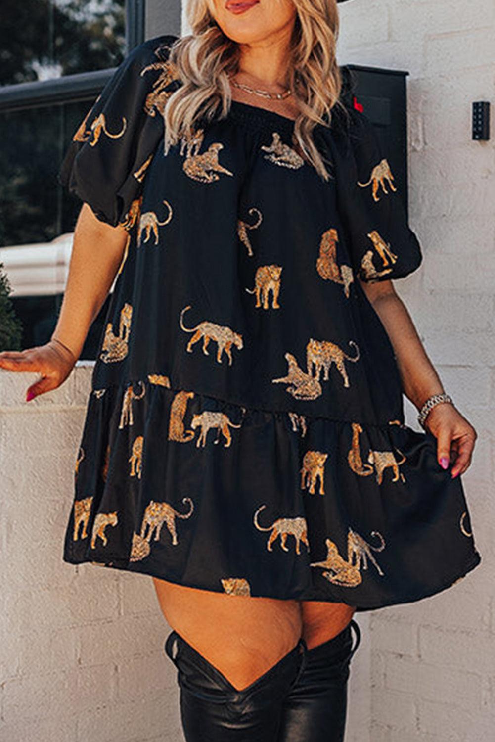 Plus Size Puff Sleeve Cheetah Ruffle Mini Dress Plus Size Mini Dresses MyDresses Black 18-20 | 1X 