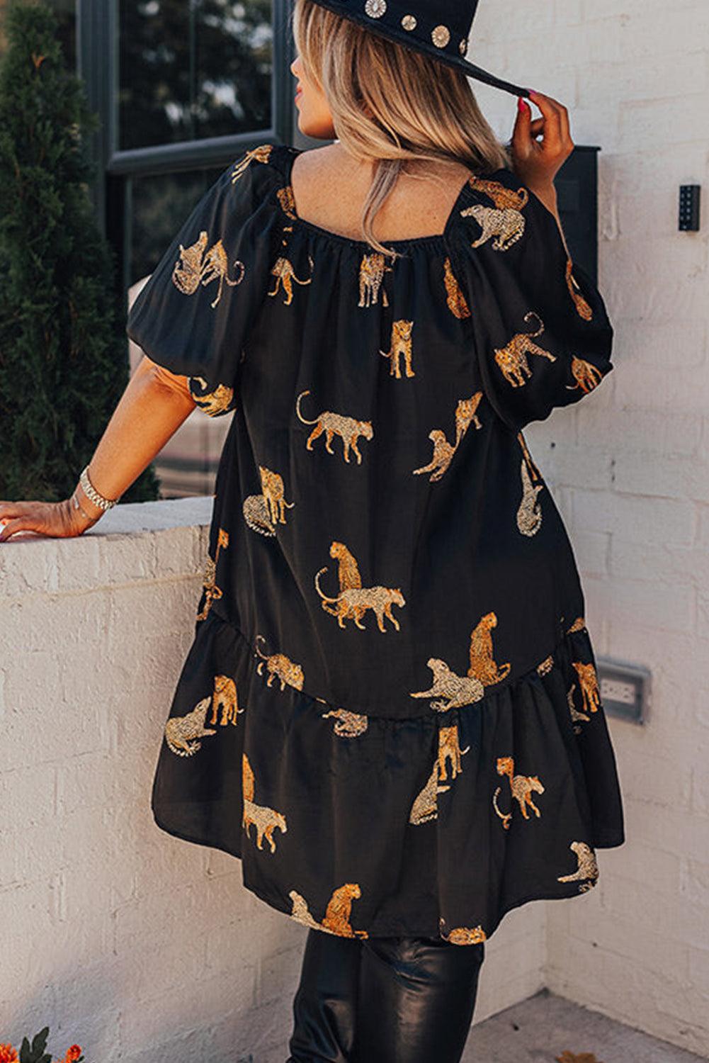 Plus Size Puff Sleeve Cheetah Ruffle Mini Dress Plus Size Mini Dresses MyDresses 