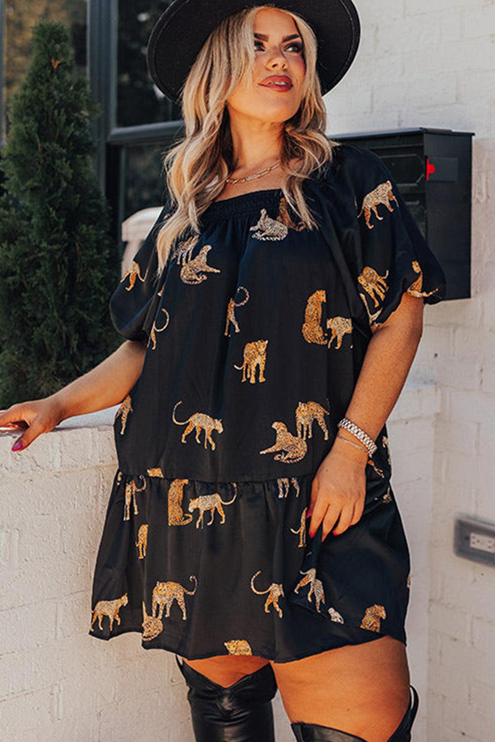 Plus Size Puff Sleeve Cheetah Ruffle Mini Dress Plus Size Mini Dresses MyDresses 