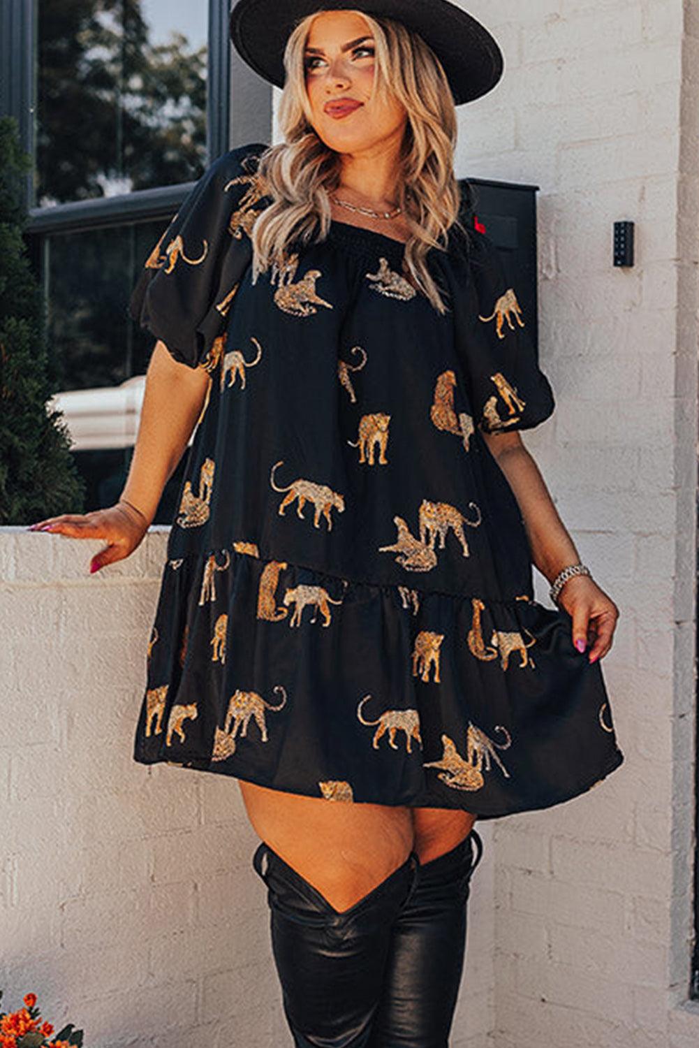 Plus Size Puff Sleeve Cheetah Ruffle Mini Dress Plus Size Mini Dresses MyDresses 