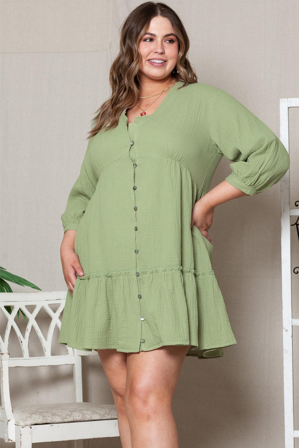 Plus Size Textured Ruffled V-Neck Mini Dress Plus Size Mini Dresses MyDresses 