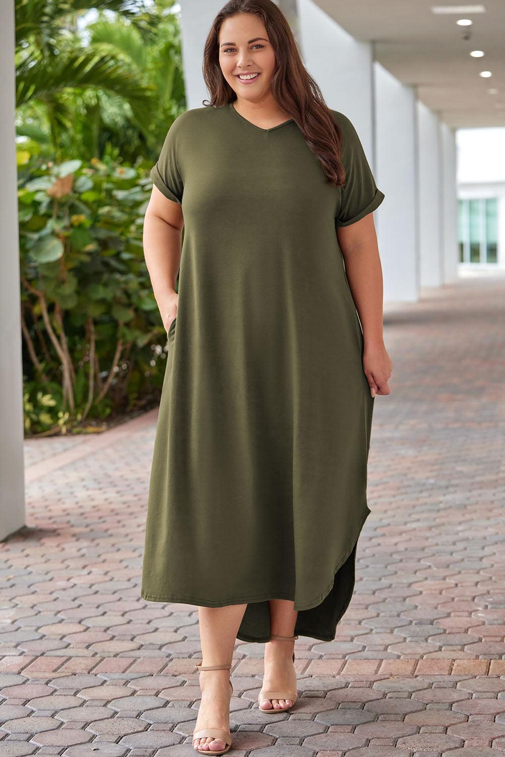 Plus Size V Neck Rolled Cuff Maxi Dress Plus Size Maxi Dresses MyDresses 