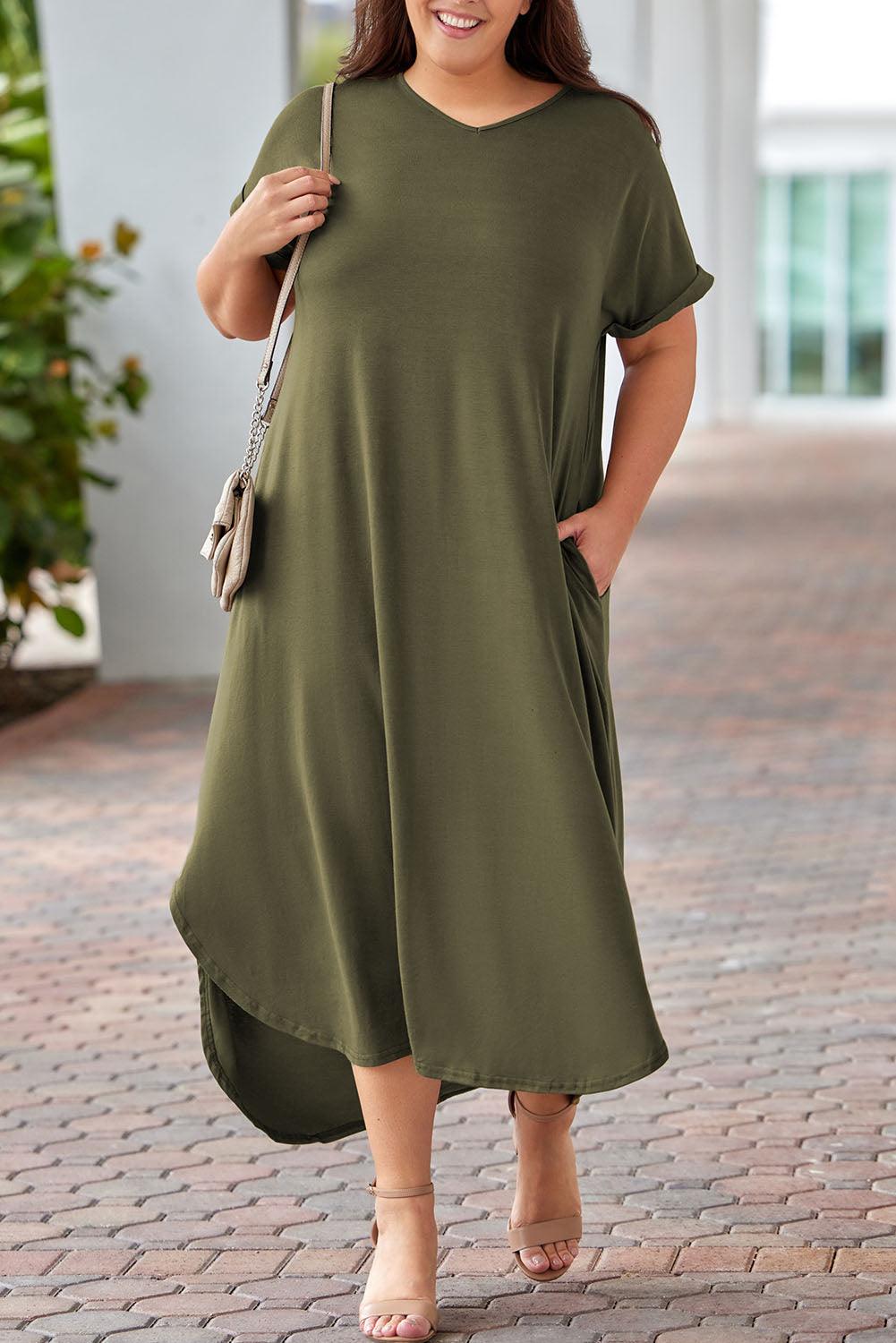 Plus Size V Neck Rolled Cuff Maxi Dress Plus Size Maxi Dresses MyDresses Green 18-20 | 1X 