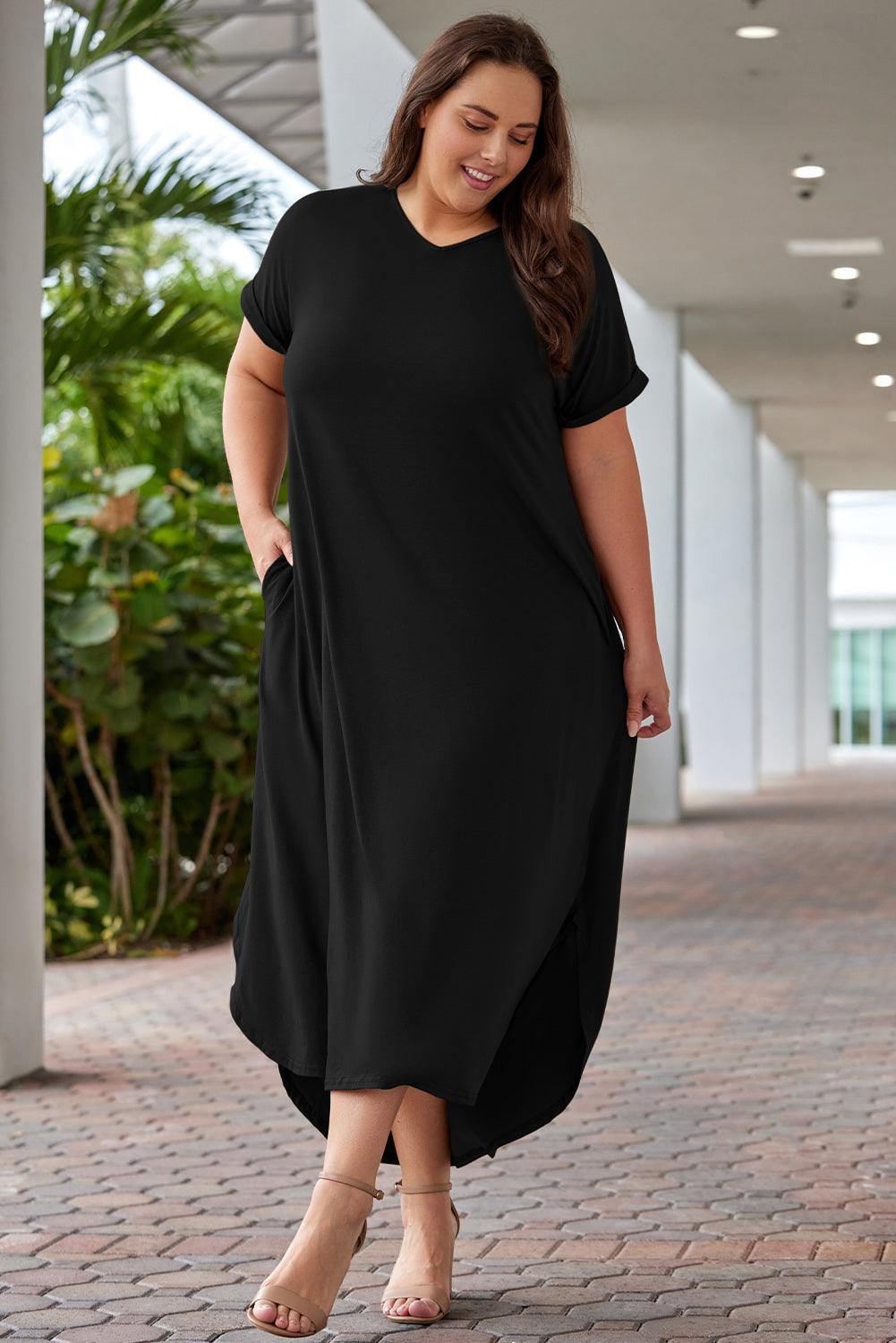 Plus Size V Neck Rolled Cuff Maxi Dress Plus Size Maxi Dresses MyDresses 