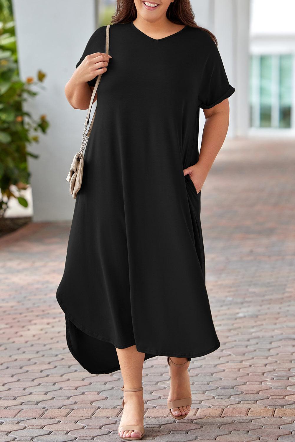 Plus Size V Neck Rolled Cuff Maxi Dress Plus Size Maxi Dresses MyDresses Black 18-20 | 1X 