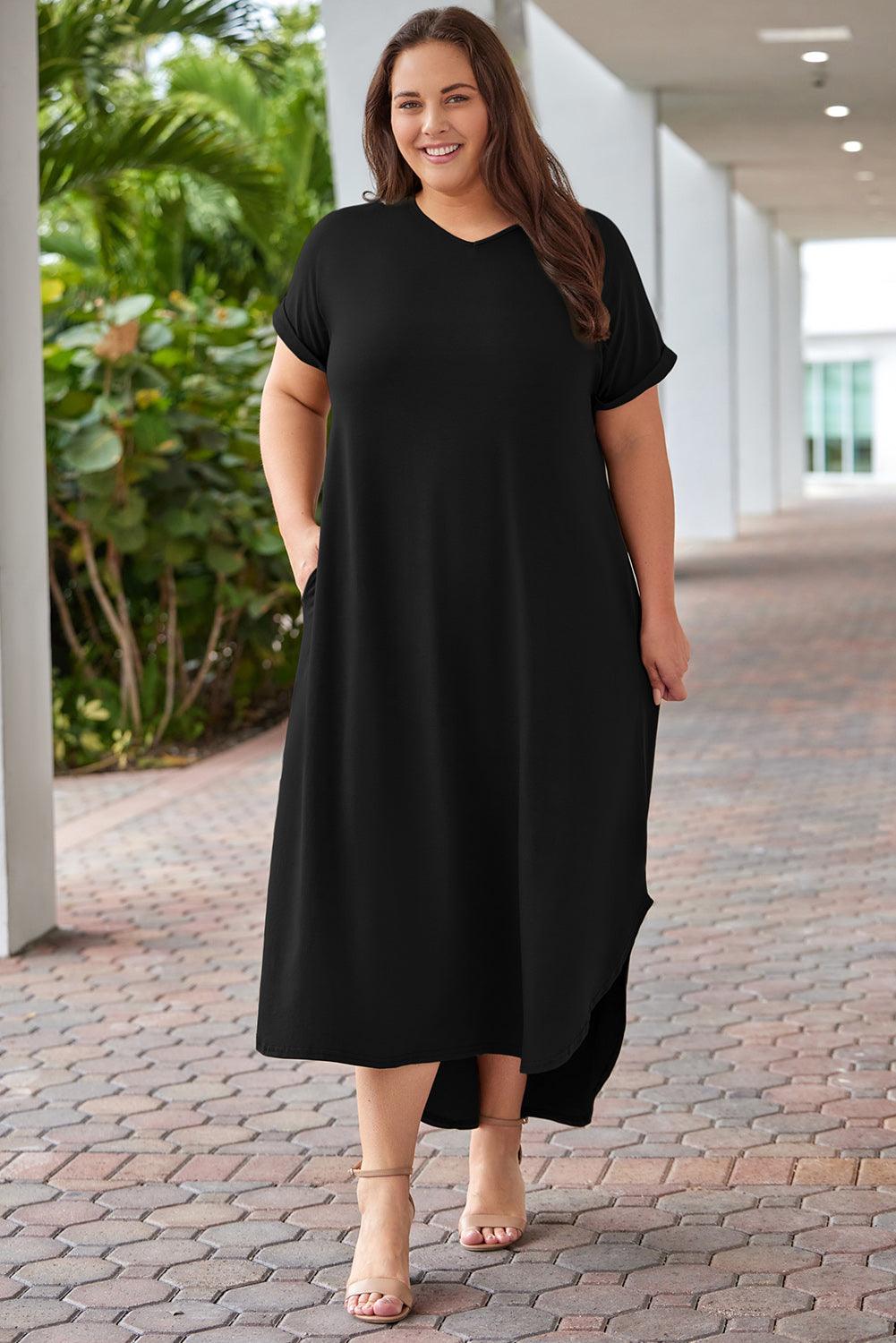 Plus Size V Neck Rolled Cuff Maxi Dress Plus Size Maxi Dresses MyDresses 
