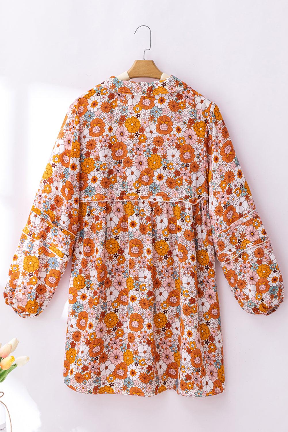 Printed Split Neck Pocket Shift Dress Mini Dresses MyDresses 