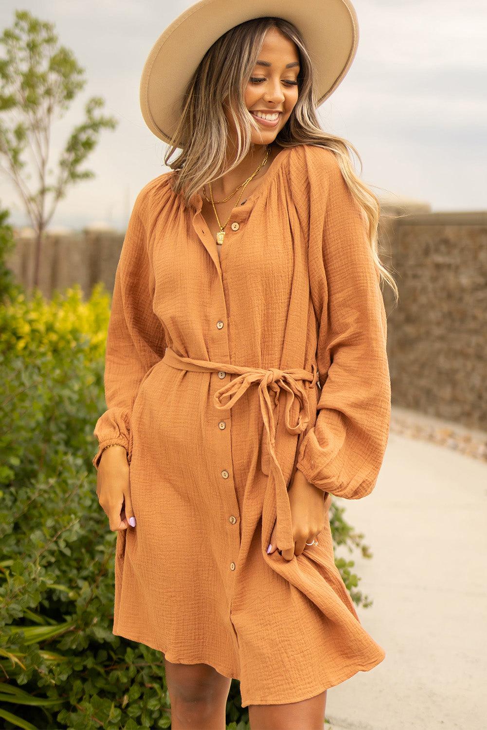 Puff Sleeve Crinkled Shirt Dress Mini Dresses MyDresses 
