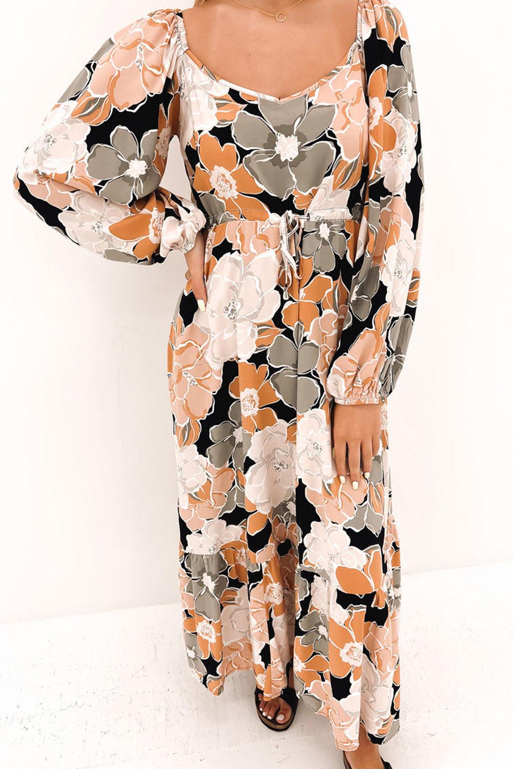 Puff Sleeve Tie Waist Maxi Floral Dress Maxi Dresses MyDresses Beige 8 | S 