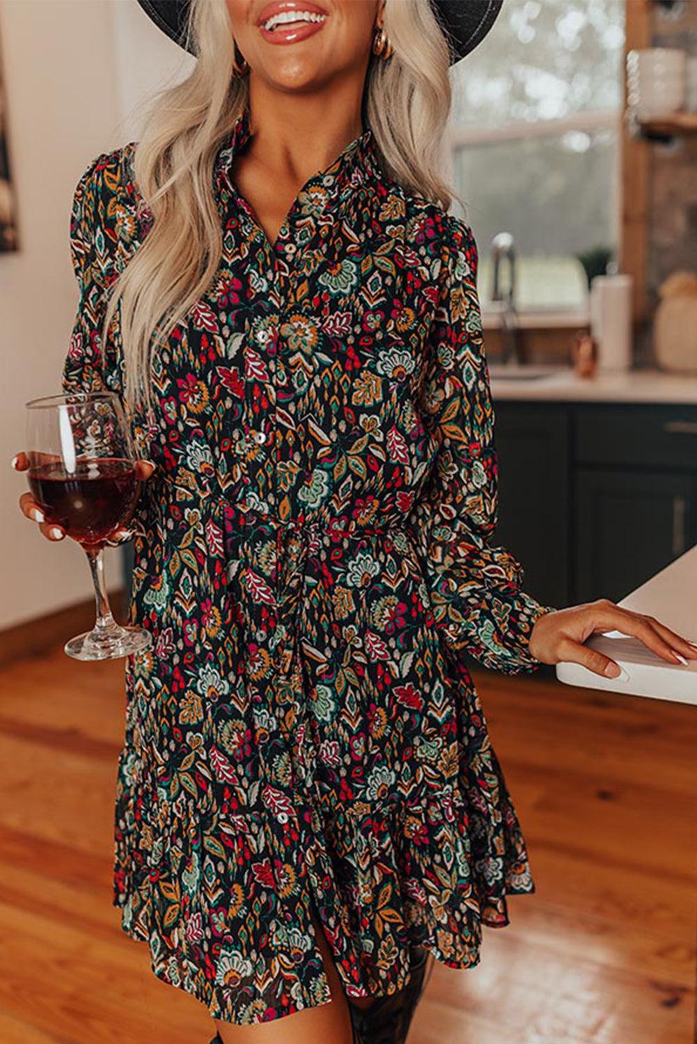 Retro Floral Tie Waist Ruffle Shirt Dress Mini Dresses MyDresses Black 8 | S 