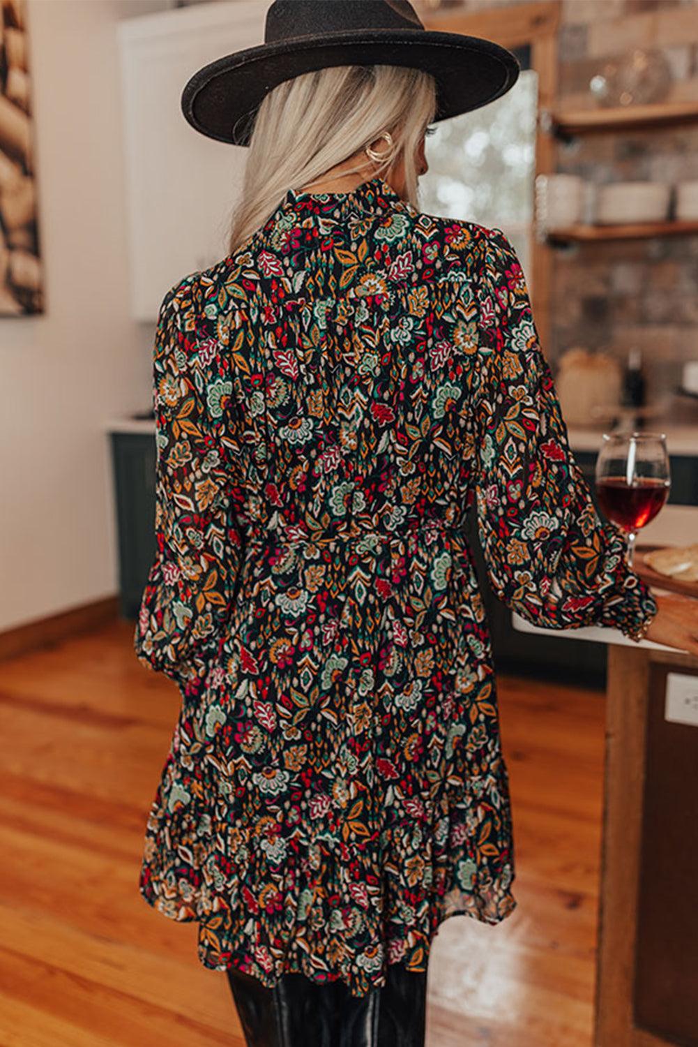 Retro Floral Tie Waist Ruffle Shirt Dress Mini Dresses MyDresses 