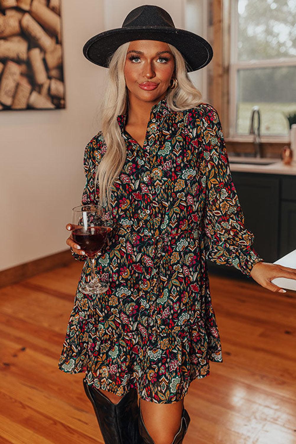 Retro Floral Tie Waist Ruffle Shirt Dress Mini Dresses MyDresses 