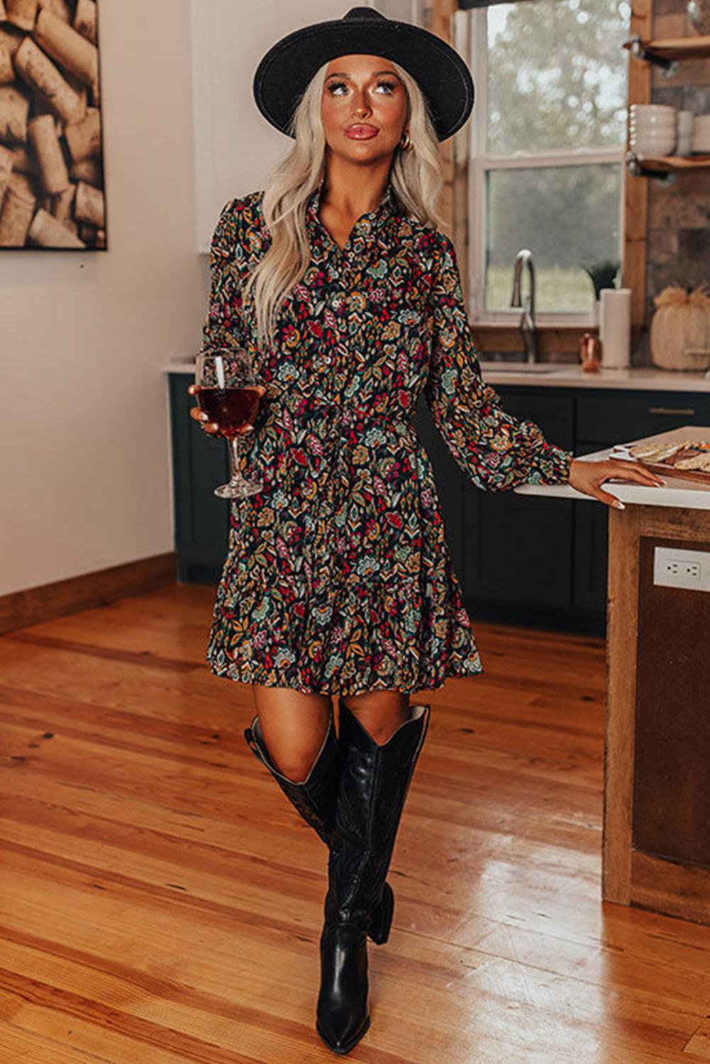 Retro Floral Tie Waist Ruffle Shirt Dress Mini Dresses MyDresses 