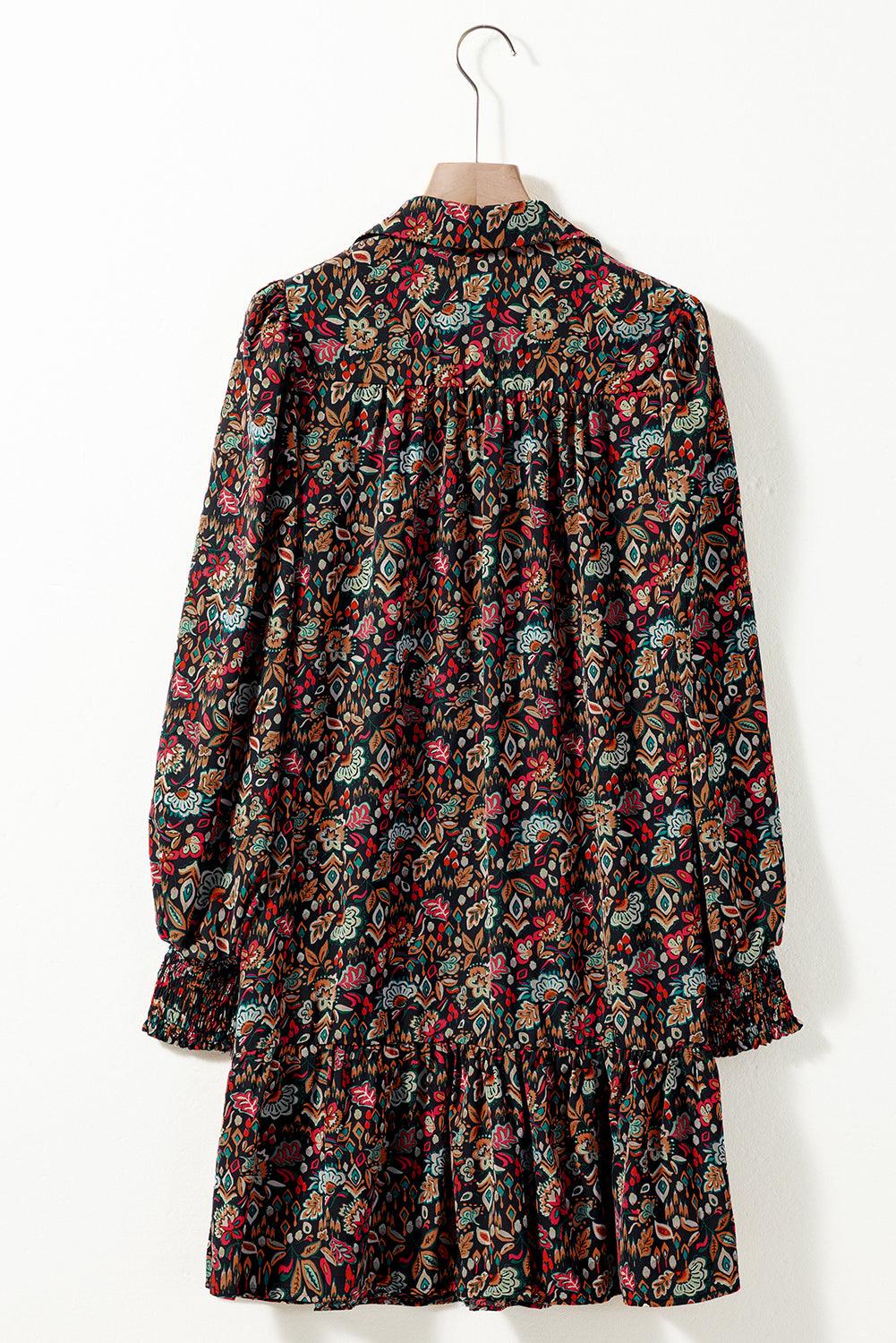 Retro Floral Tie Waist Ruffle Shirt Dress Mini Dresses MyDresses 