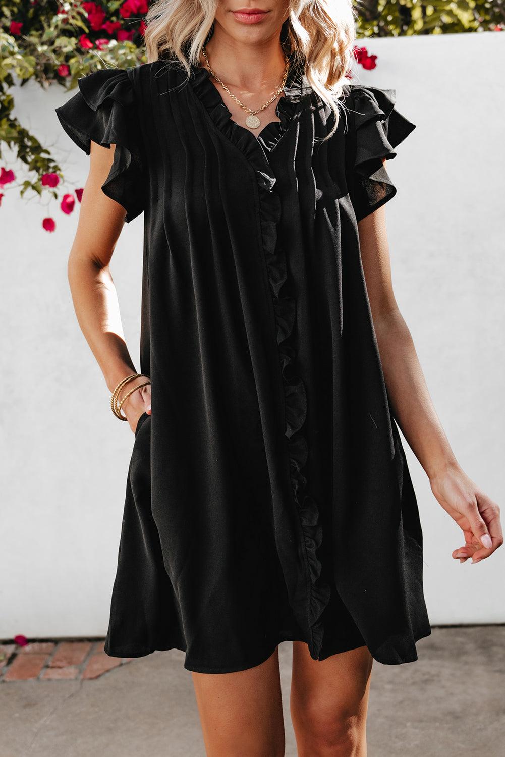 Ruffle Sleeve V-Neck Frilled Shift Dress Mini Dresses MyDresses Black 8 | S 