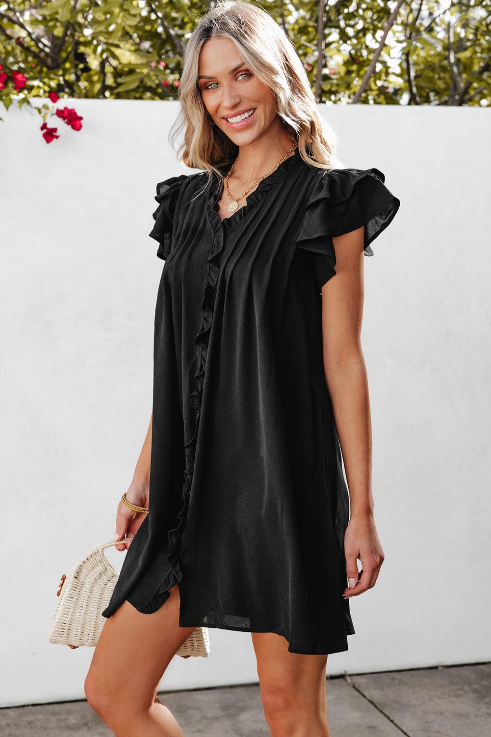 Ruffle Sleeve V-Neck Frilled Shift Dress Mini Dresses MyDresses 