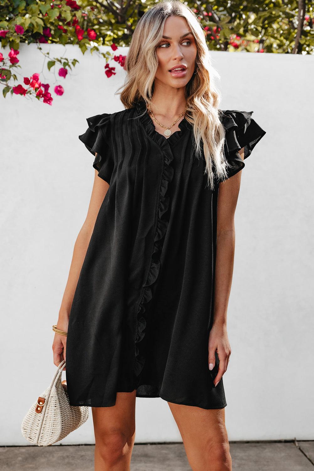 Ruffle Sleeve V-Neck Frilled Shift Dress Mini Dresses MyDresses 