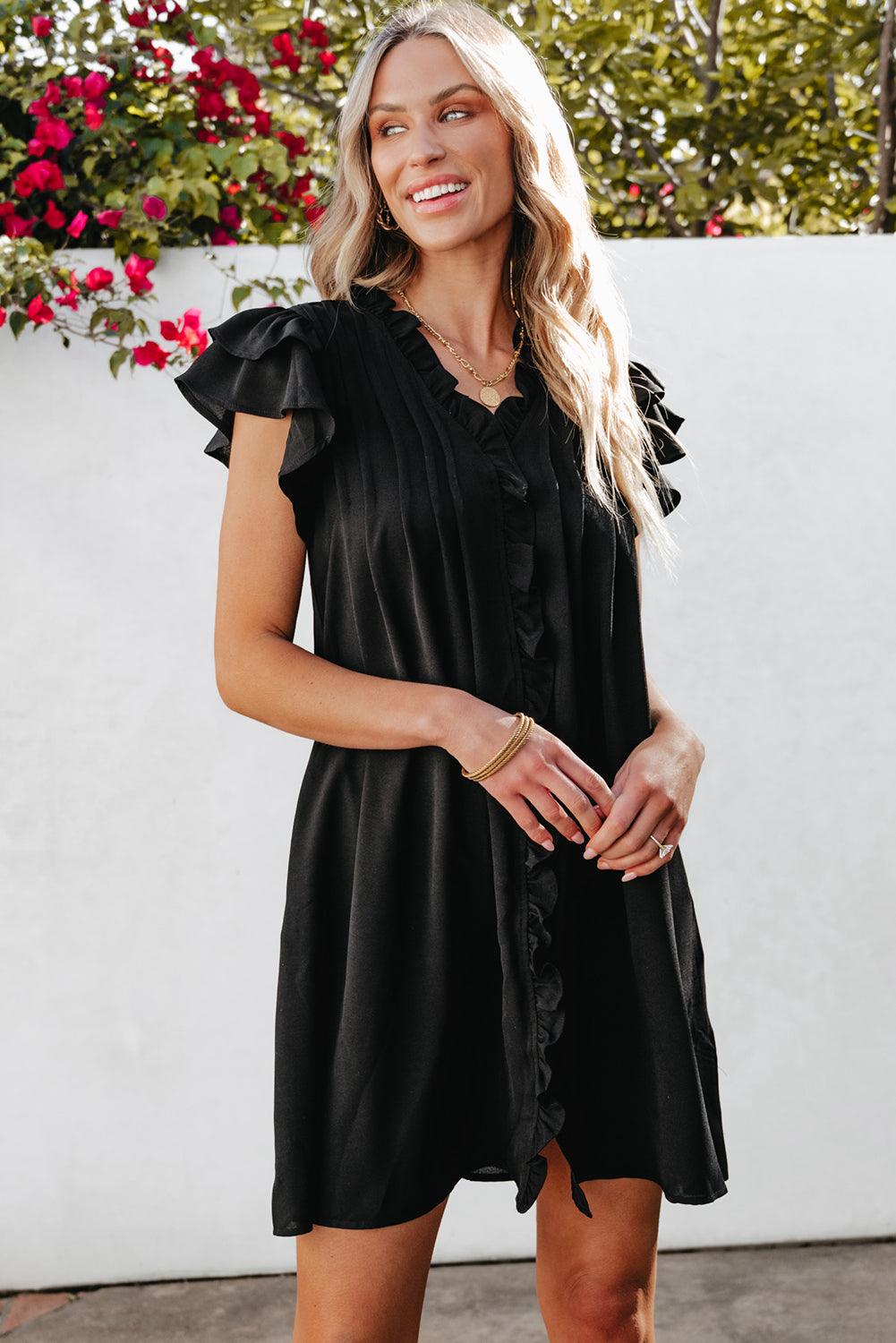Ruffle Sleeve V-Neck Frilled Shift Dress Mini Dresses MyDresses 