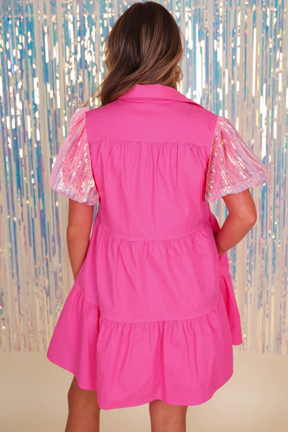 Sequined Bubble Sleeve Tiered Shirt Dress Mini Dresses MyDresses 