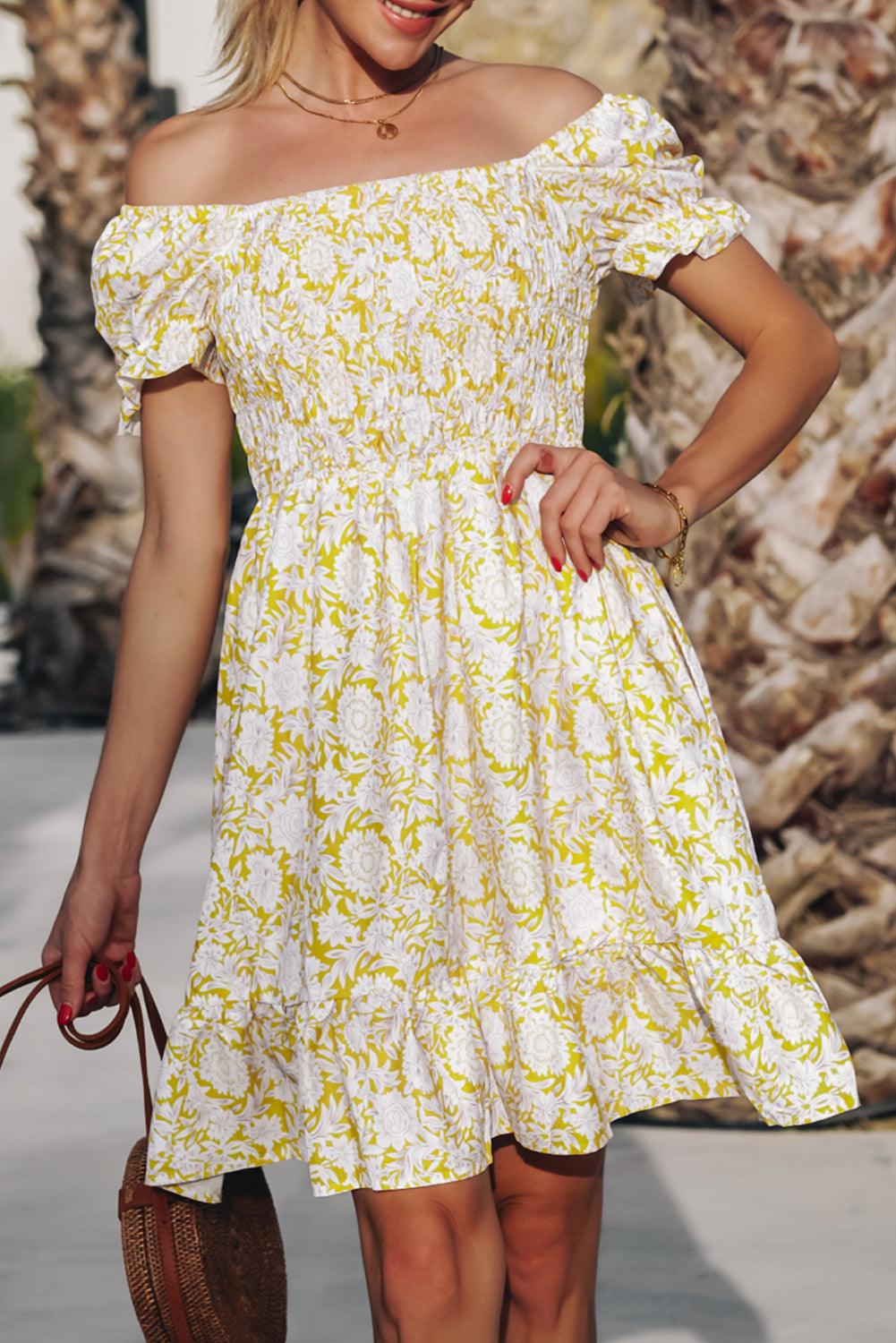 Shirred Floral Off-Shoulder Dress Mini Dresses MyDresses Yellow 8 | S 