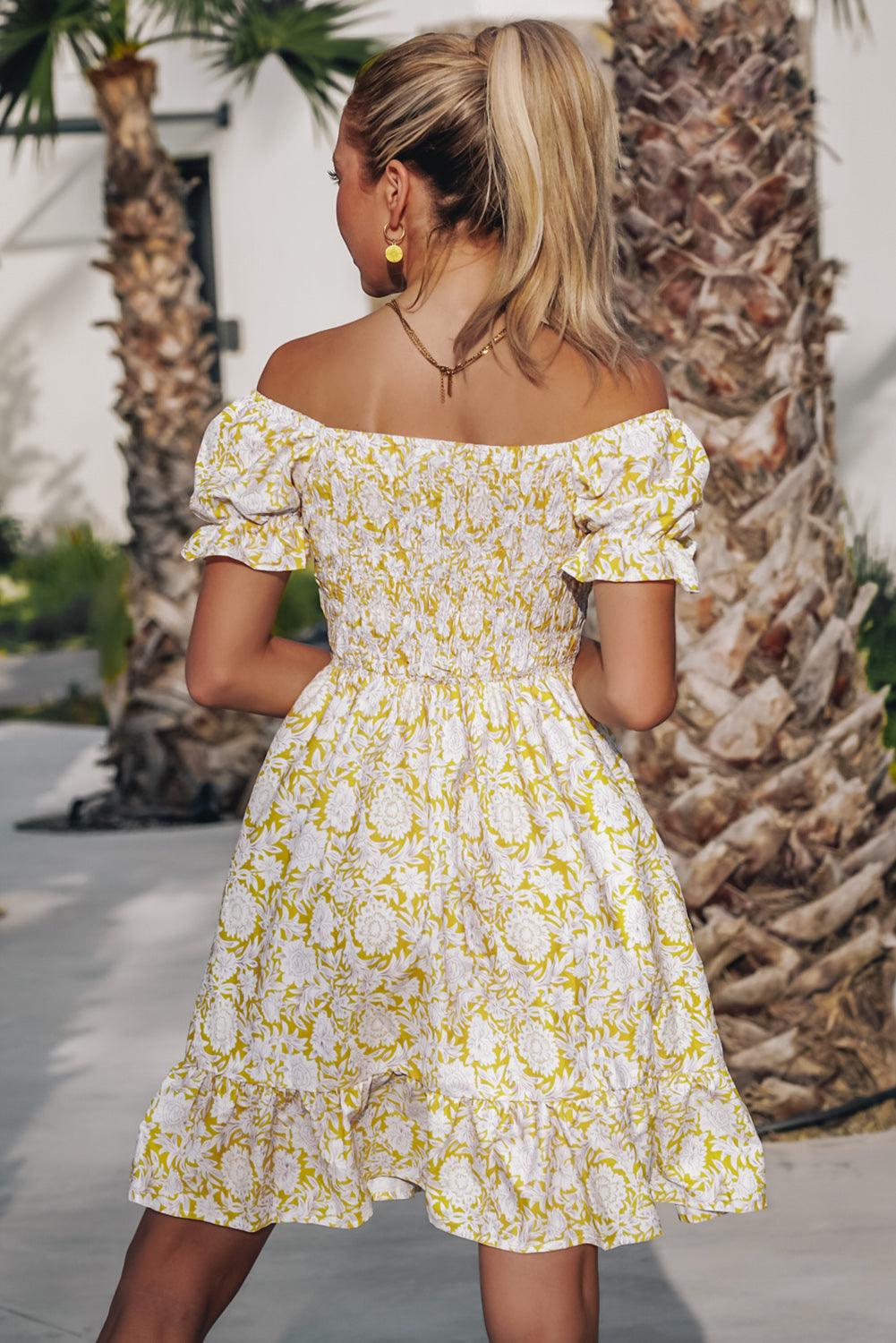 Shirred Floral Off-Shoulder Dress Mini Dresses MyDresses 