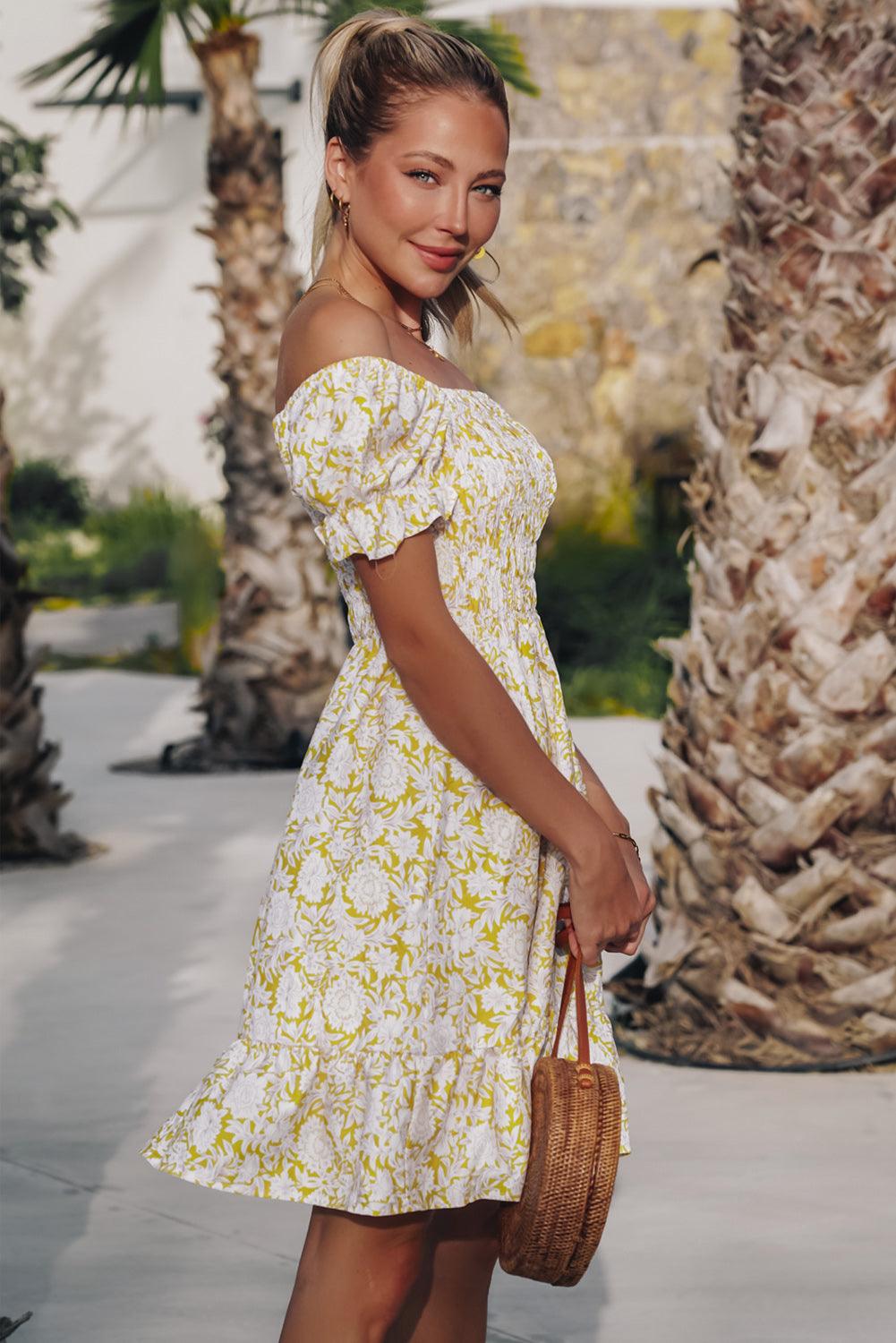 Shirred Floral Off-Shoulder Dress Mini Dresses MyDresses 
