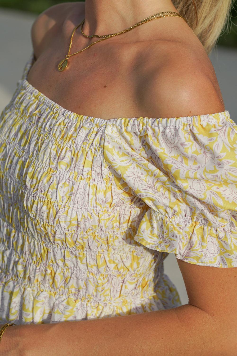 Shirred Floral Off-Shoulder Dress Mini Dresses MyDresses 