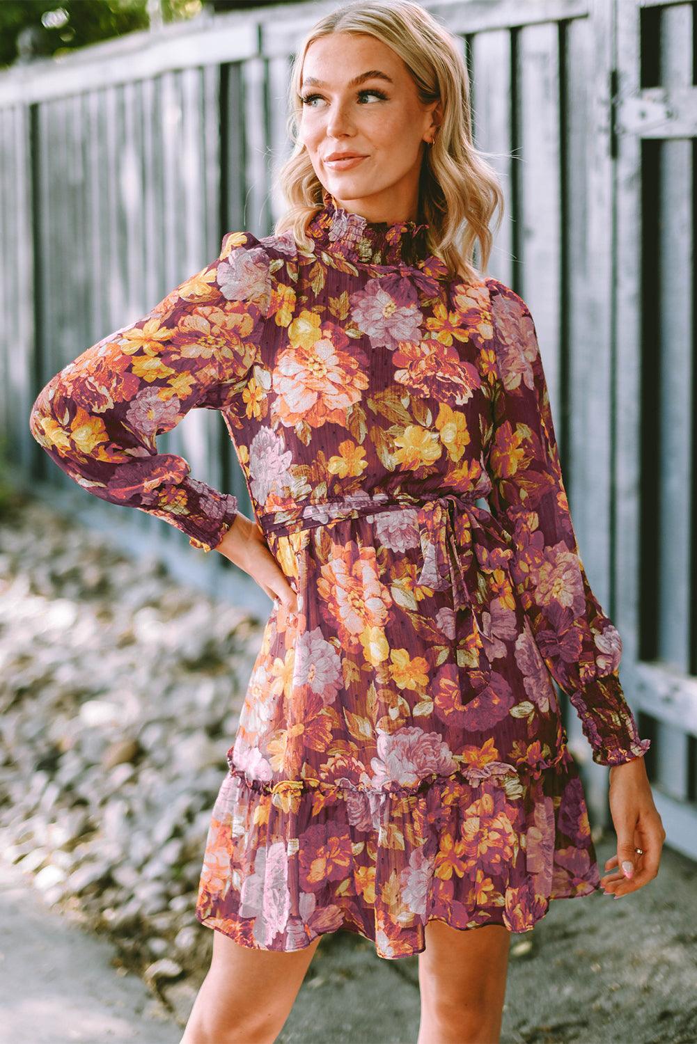 Shirred High Neck Lace-Up Floral Waist Dress Mini Dresses MyDresses 