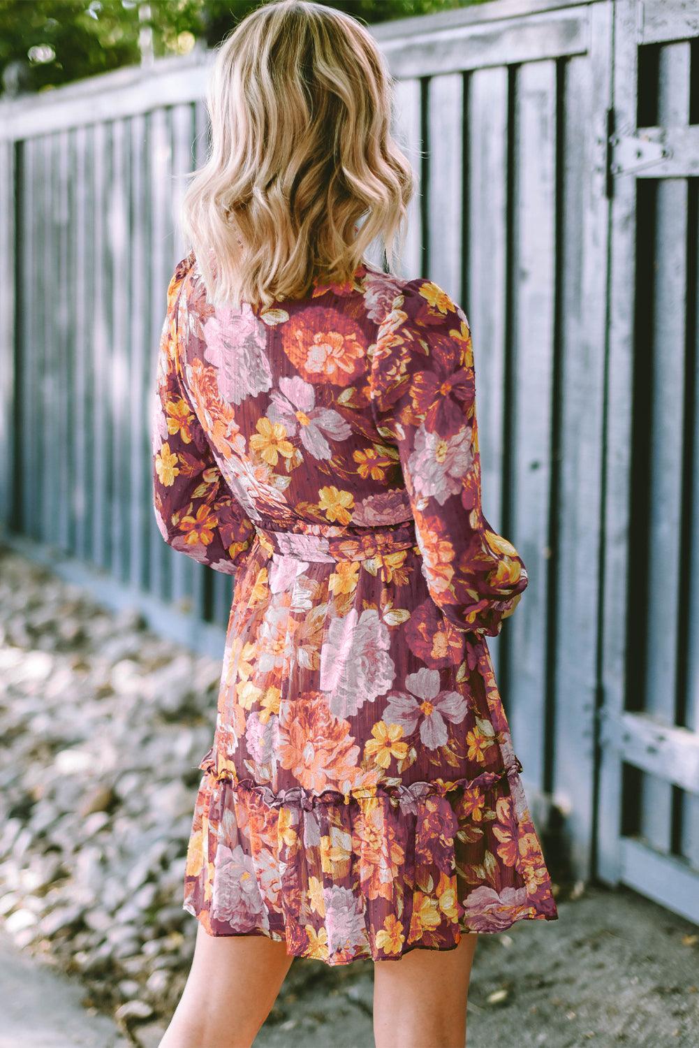 Shirred High Neck Lace-Up Floral Waist Dress Mini Dresses MyDresses 