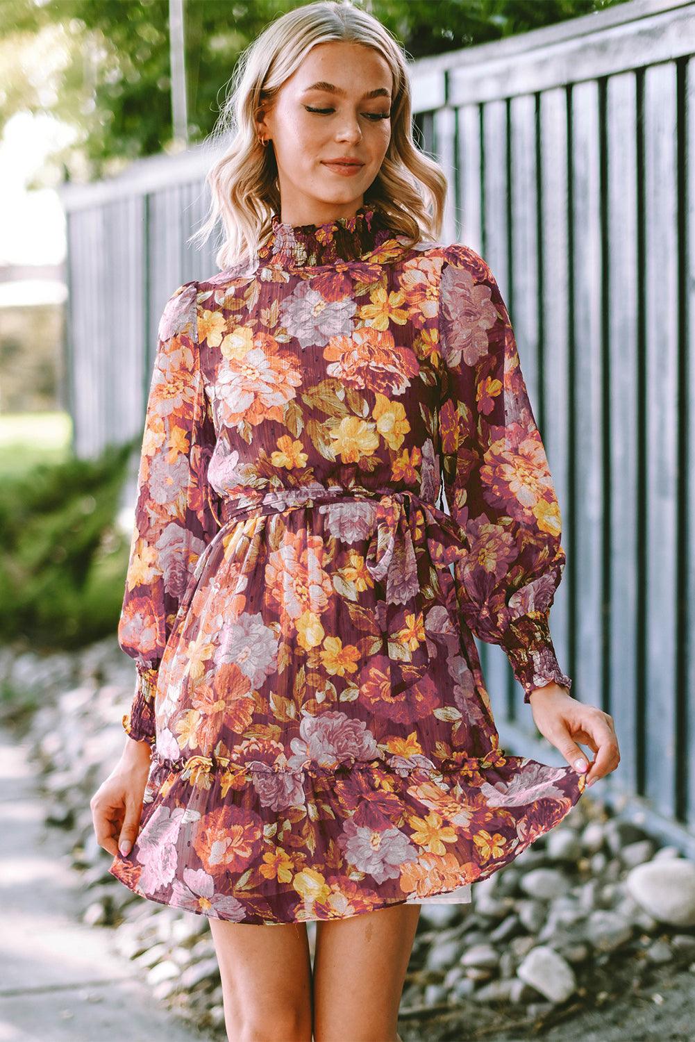Shirred High Neck Lace-Up Floral Waist Dress Mini Dresses MyDresses 