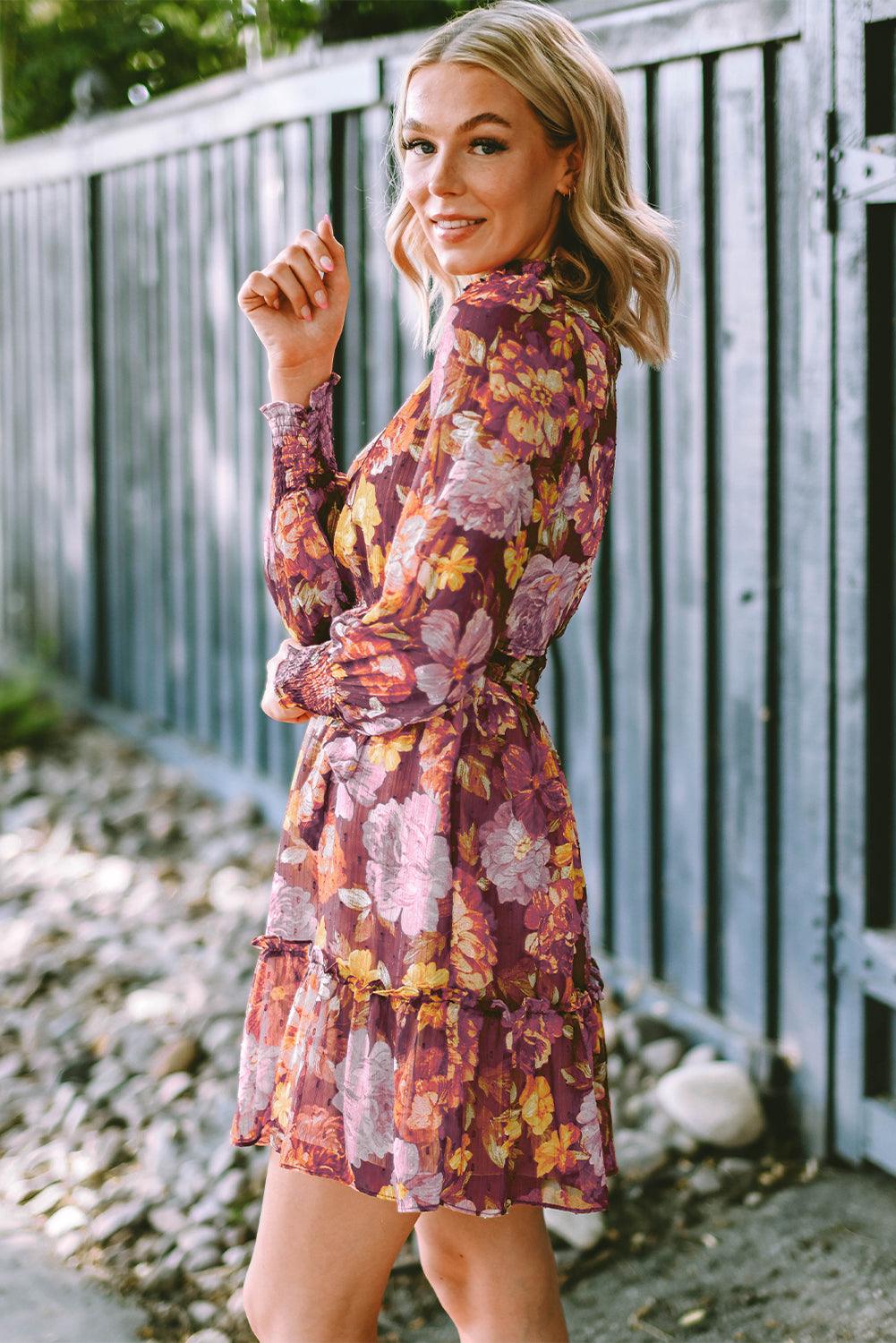 Shirred High Neck Lace-Up Floral Waist Dress Mini Dresses MyDresses 
