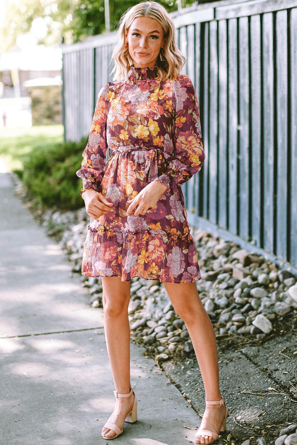 Shirred High Neck Lace-Up Floral Waist Dress Mini Dresses MyDresses 