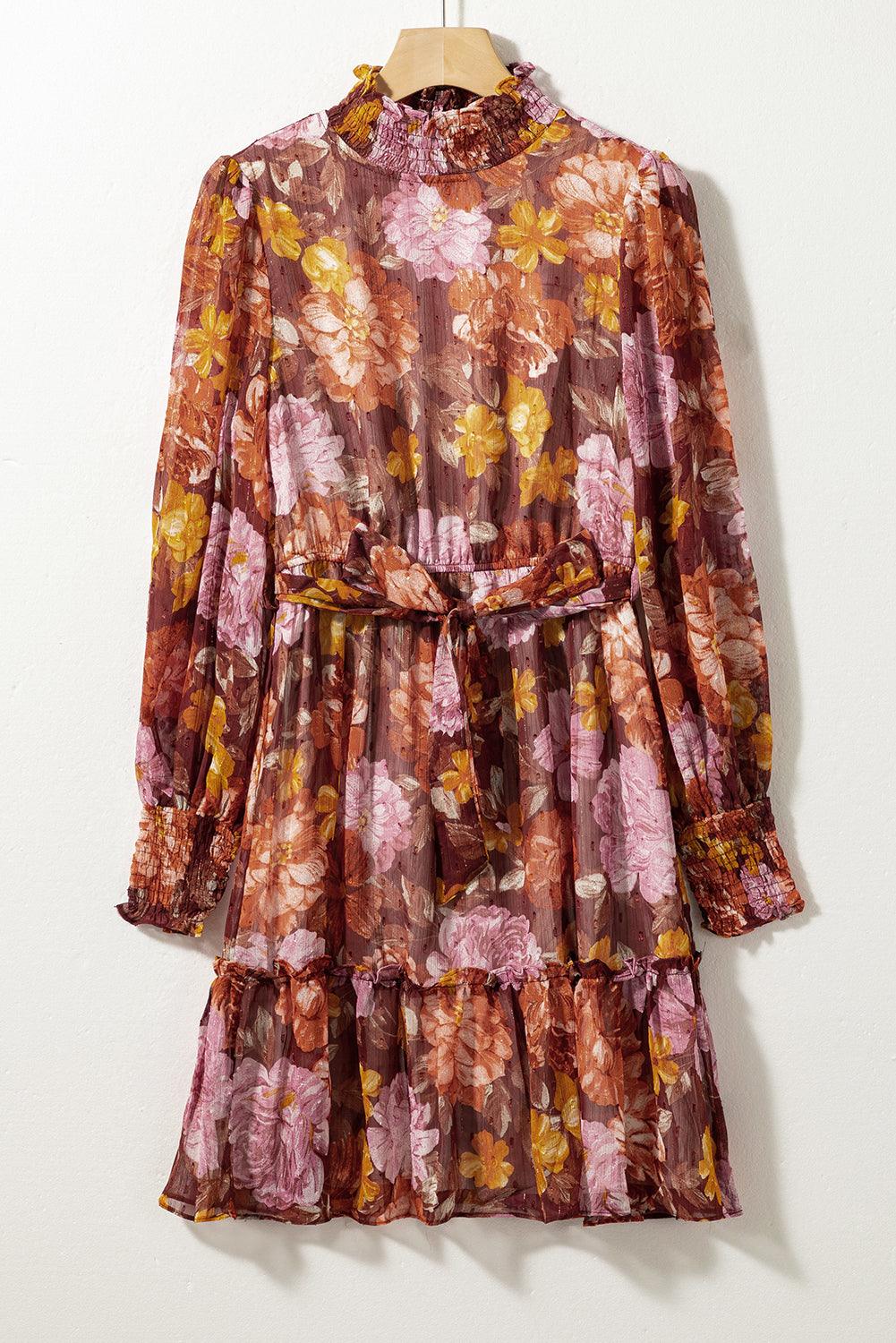 Shirred High Neck Lace-Up Floral Waist Dress Mini Dresses MyDresses 