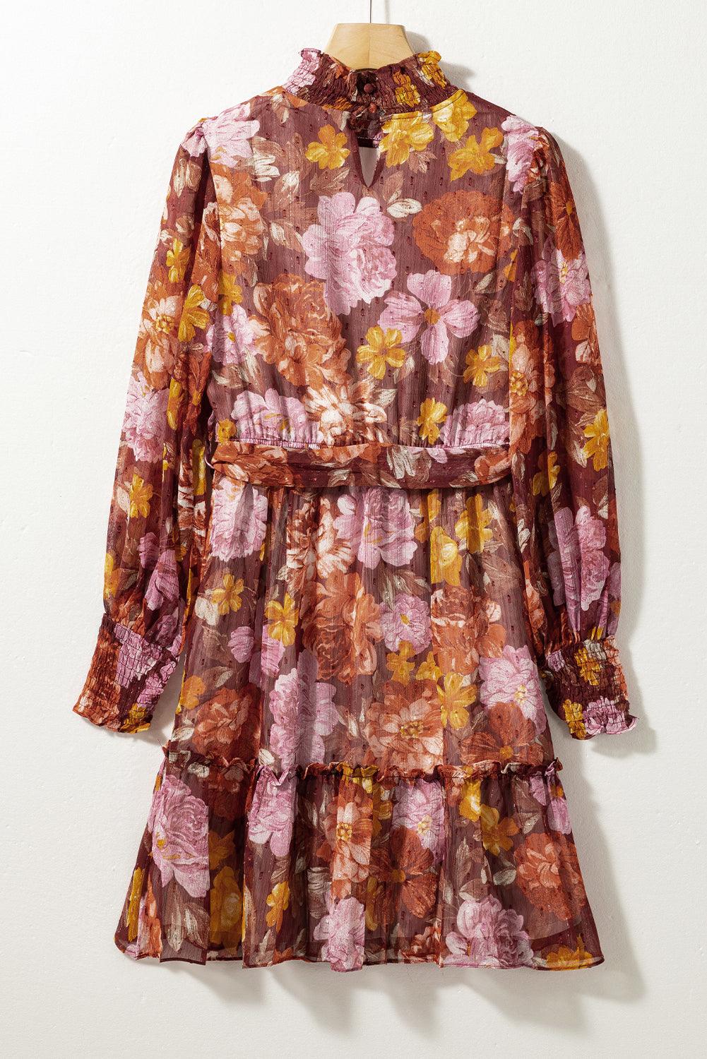 Shirred High Neck Lace-Up Floral Waist Dress Mini Dresses MyDresses 