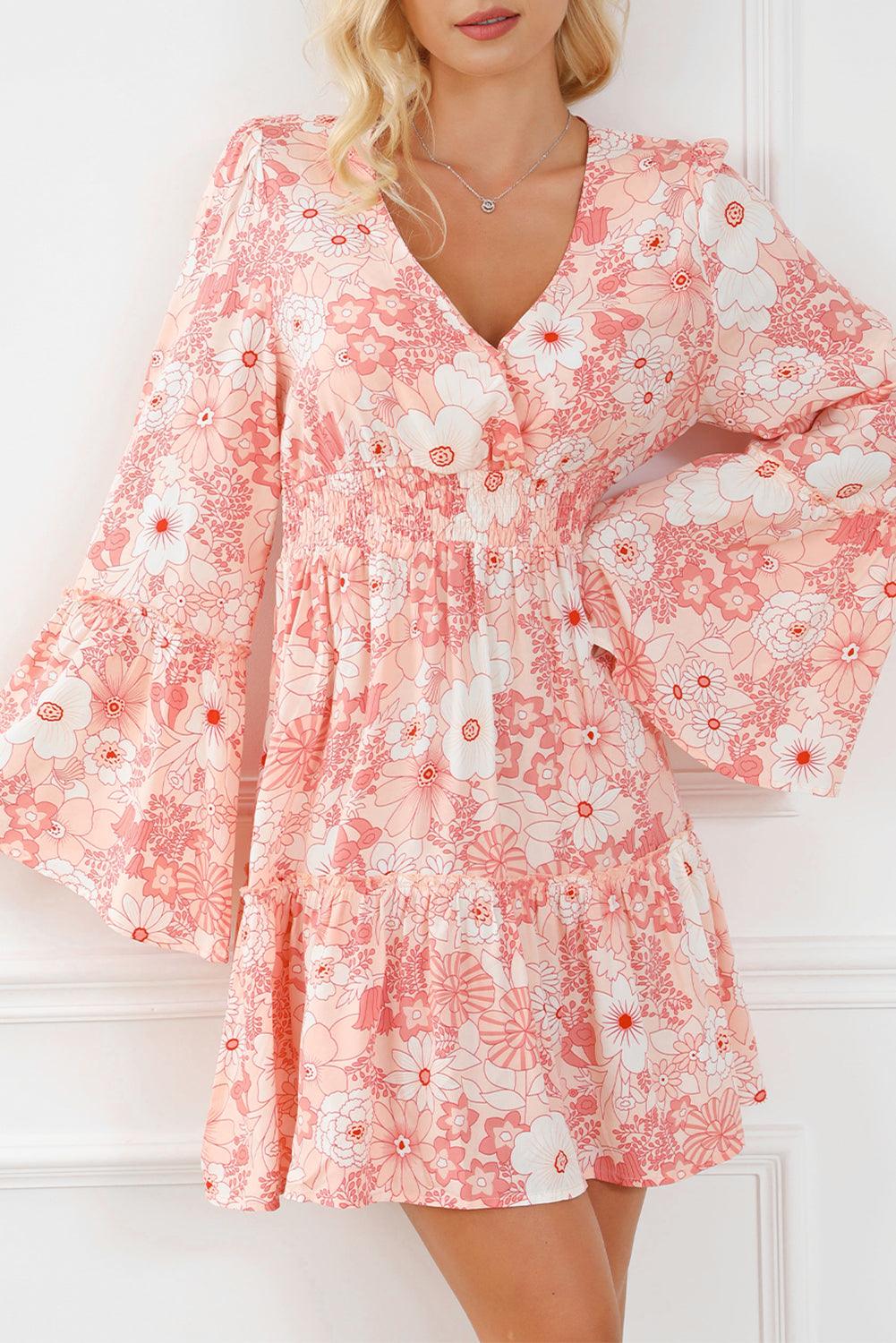 Smocked High Waist Bell Sleeve Dress Mini Dresses MyDresses Light Pink 8 | S 