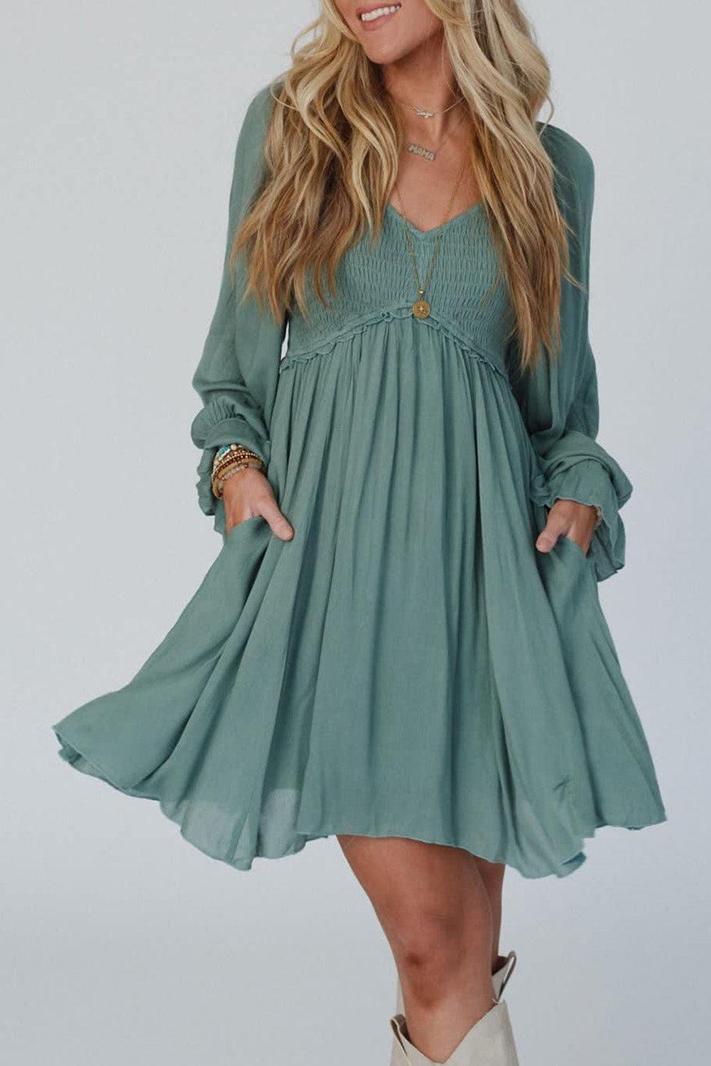Smocked Ruffle Bubble Sleeve Flowy Dress Mini Dresses MyDresses Mist Green 8 | S 