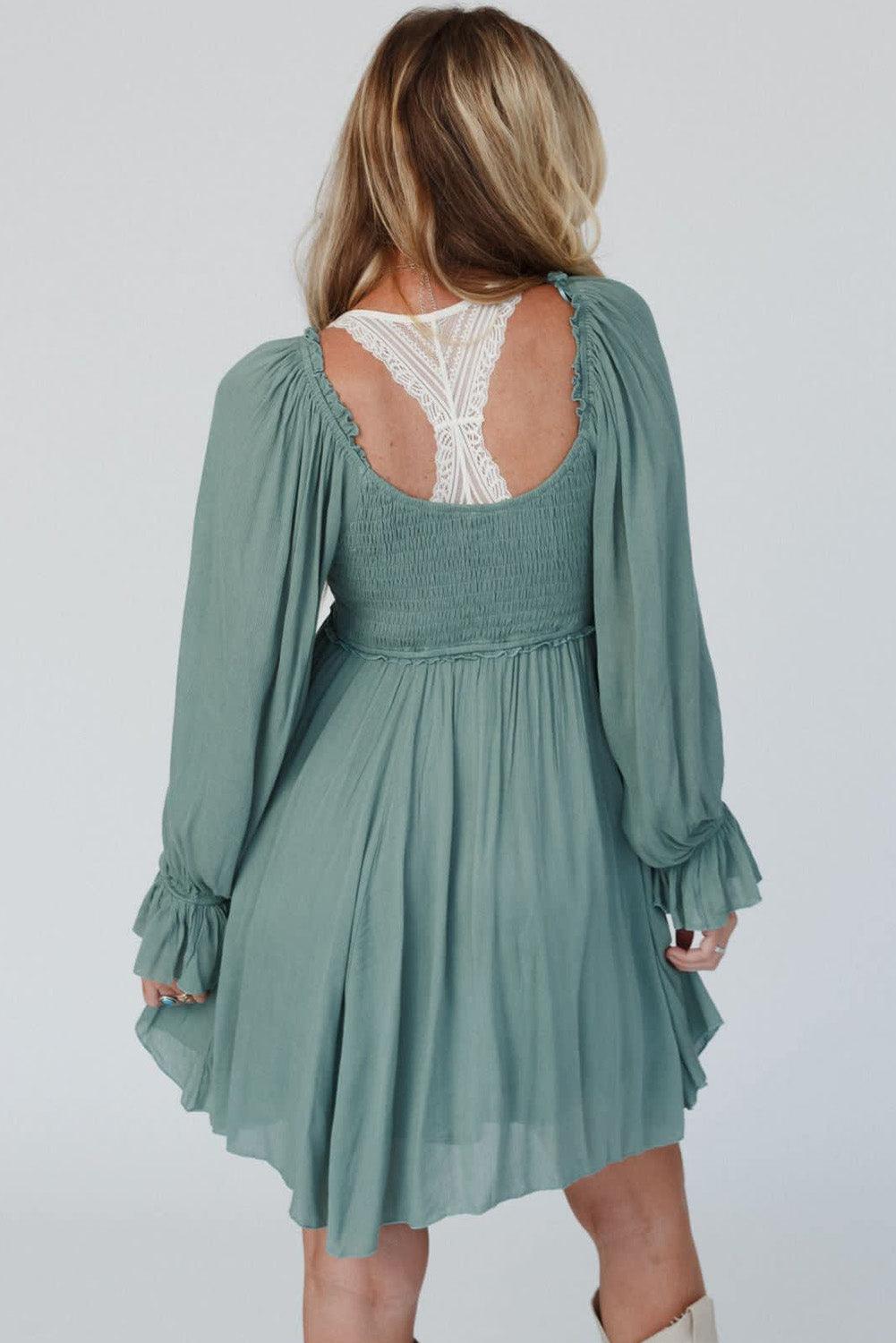 Smocked Ruffle Bubble Sleeve Flowy Dress Mini Dresses MyDresses 