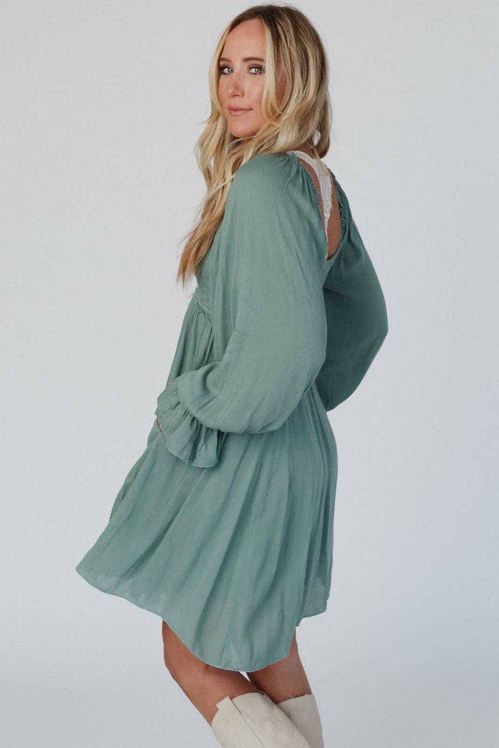 Smocked Ruffle Bubble Sleeve Flowy Dress Mini Dresses MyDresses 
