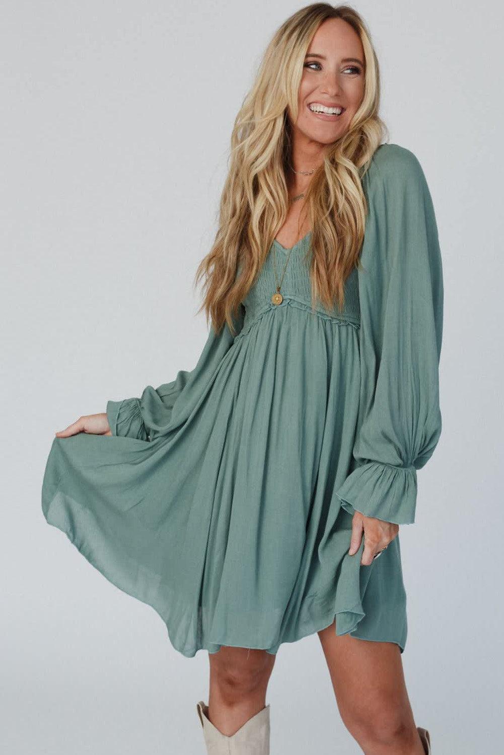 Smocked Ruffle Bubble Sleeve Flowy Dress Mini Dresses MyDresses 