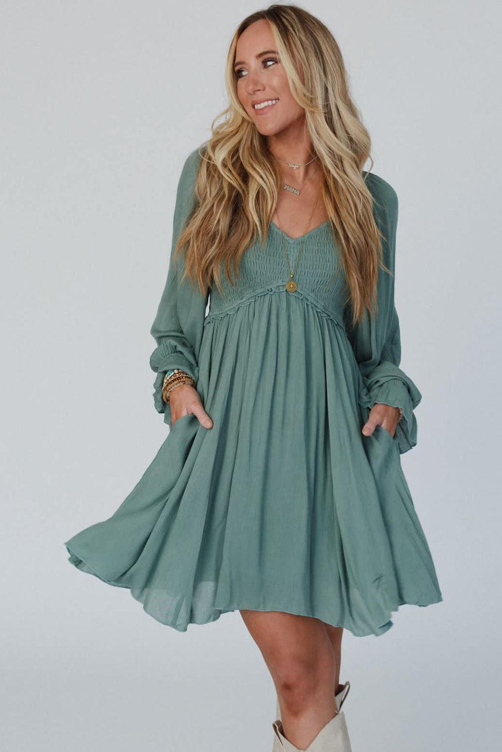 Smocked Ruffle Bubble Sleeve Flowy Dress Mini Dresses MyDresses 