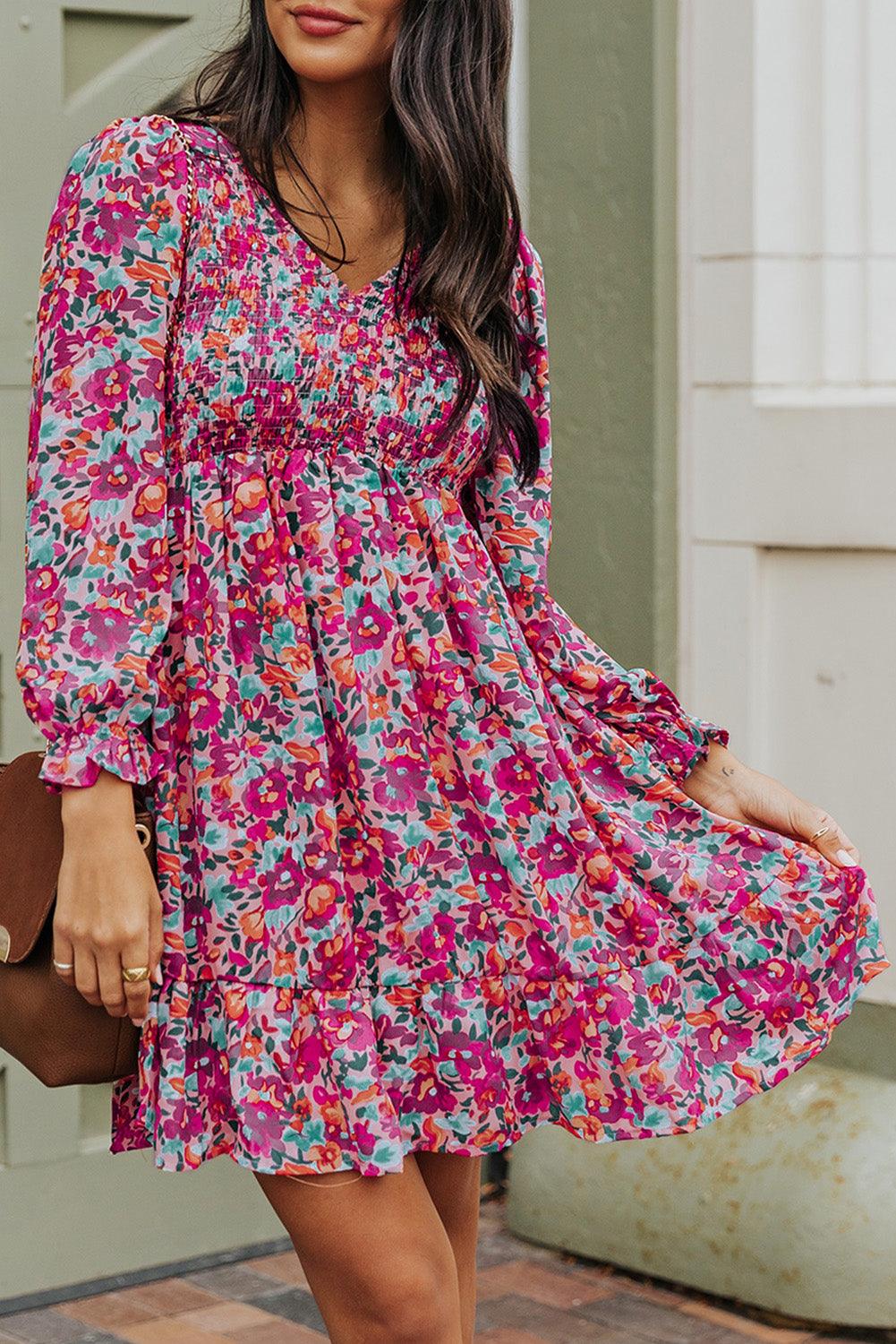 Smocked V-Neck Puff Sleeve Floral Dress Floral Dresses MyDresses Purple 8 | S 