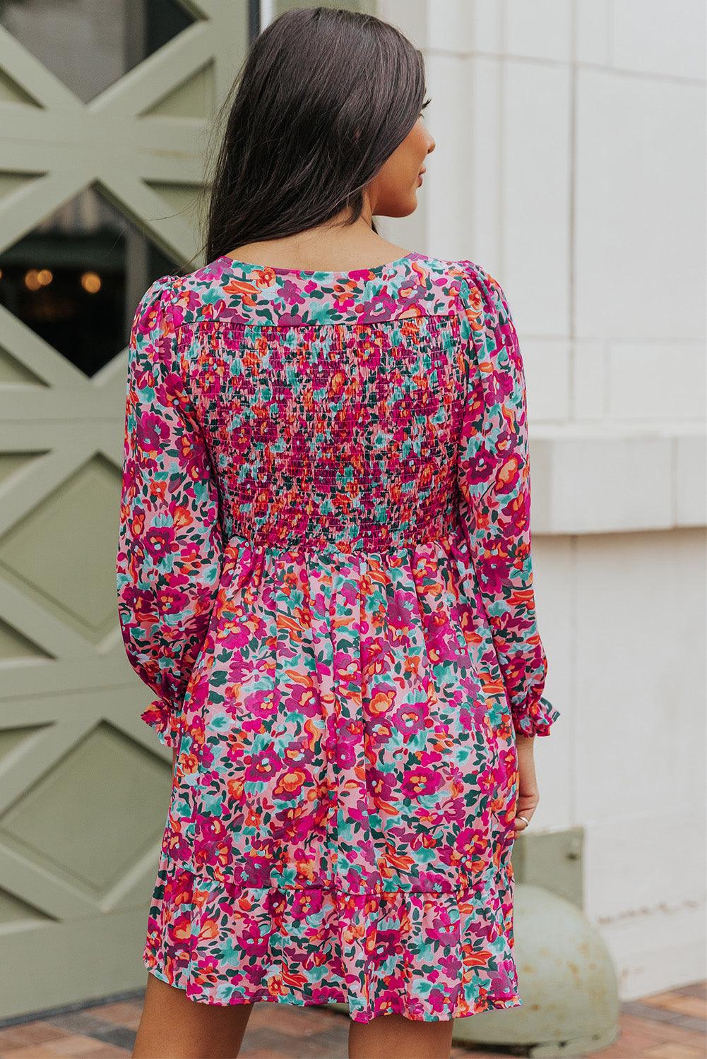 Smocked V-Neck Puff Sleeve Floral Dress Floral Dresses MyDresses 