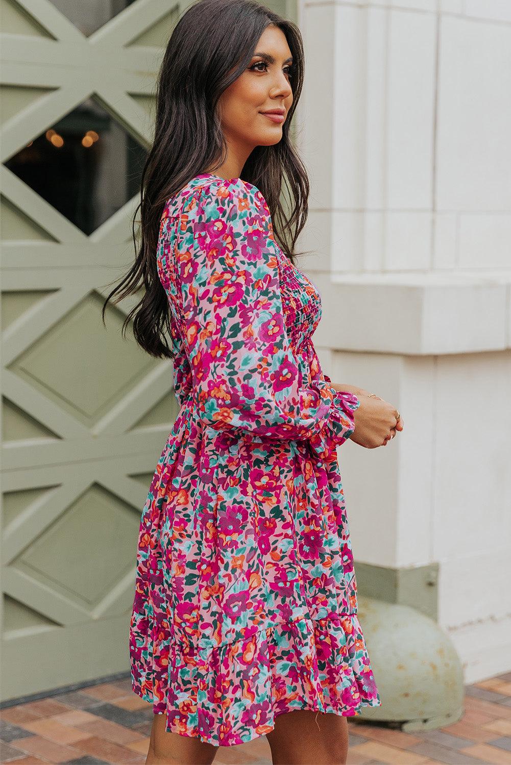 Smocked V-Neck Puff Sleeve Floral Dress Floral Dresses MyDresses 