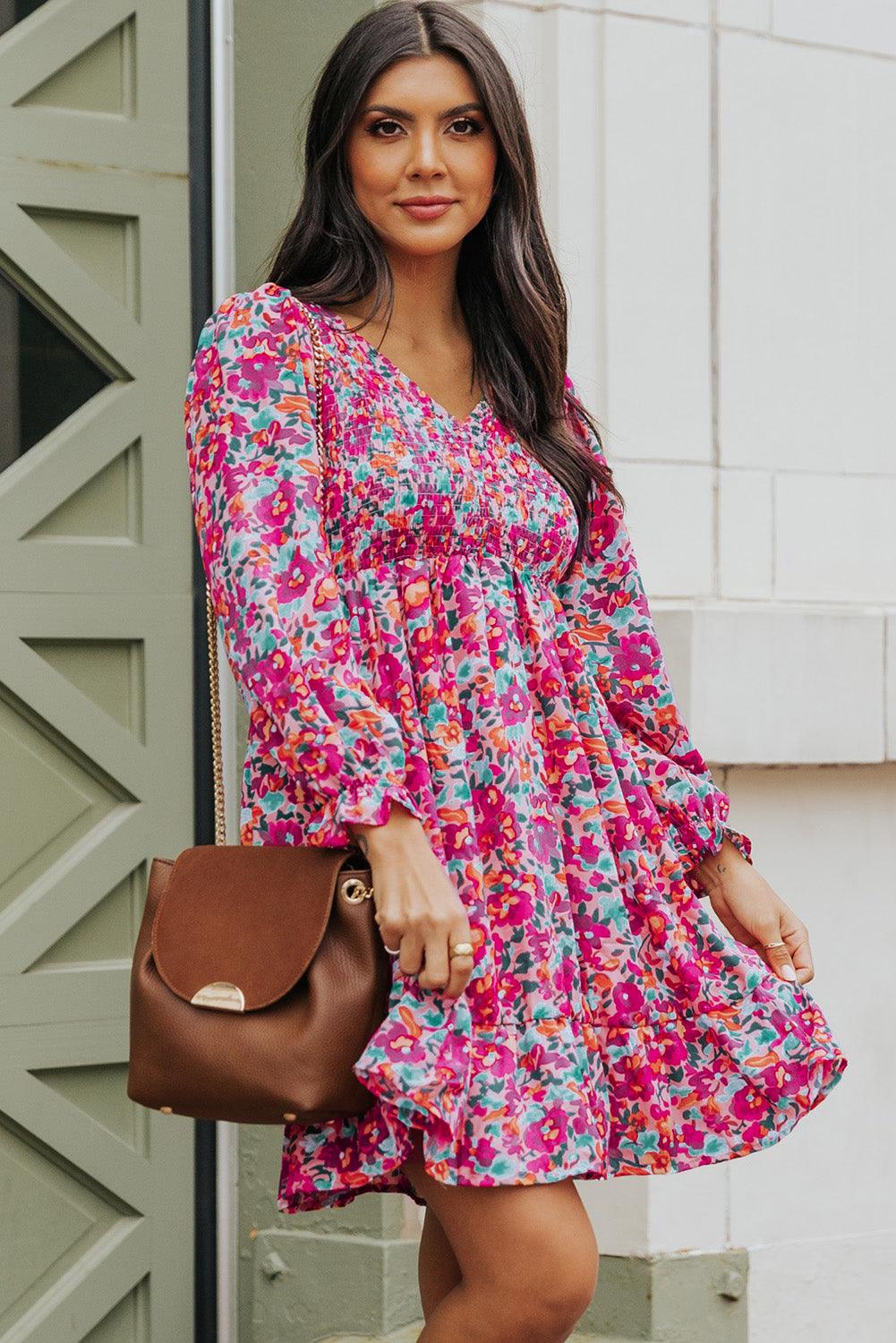 Smocked V-Neck Puff Sleeve Floral Dress Floral Dresses MyDresses 