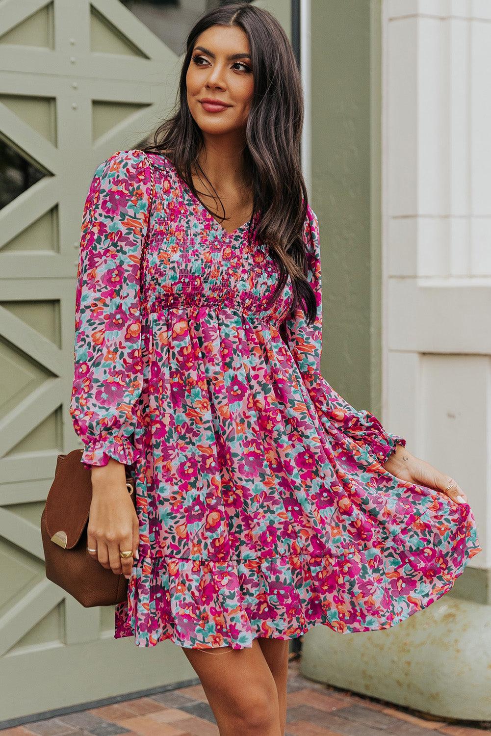 Smocked V-Neck Puff Sleeve Floral Dress Floral Dresses MyDresses 