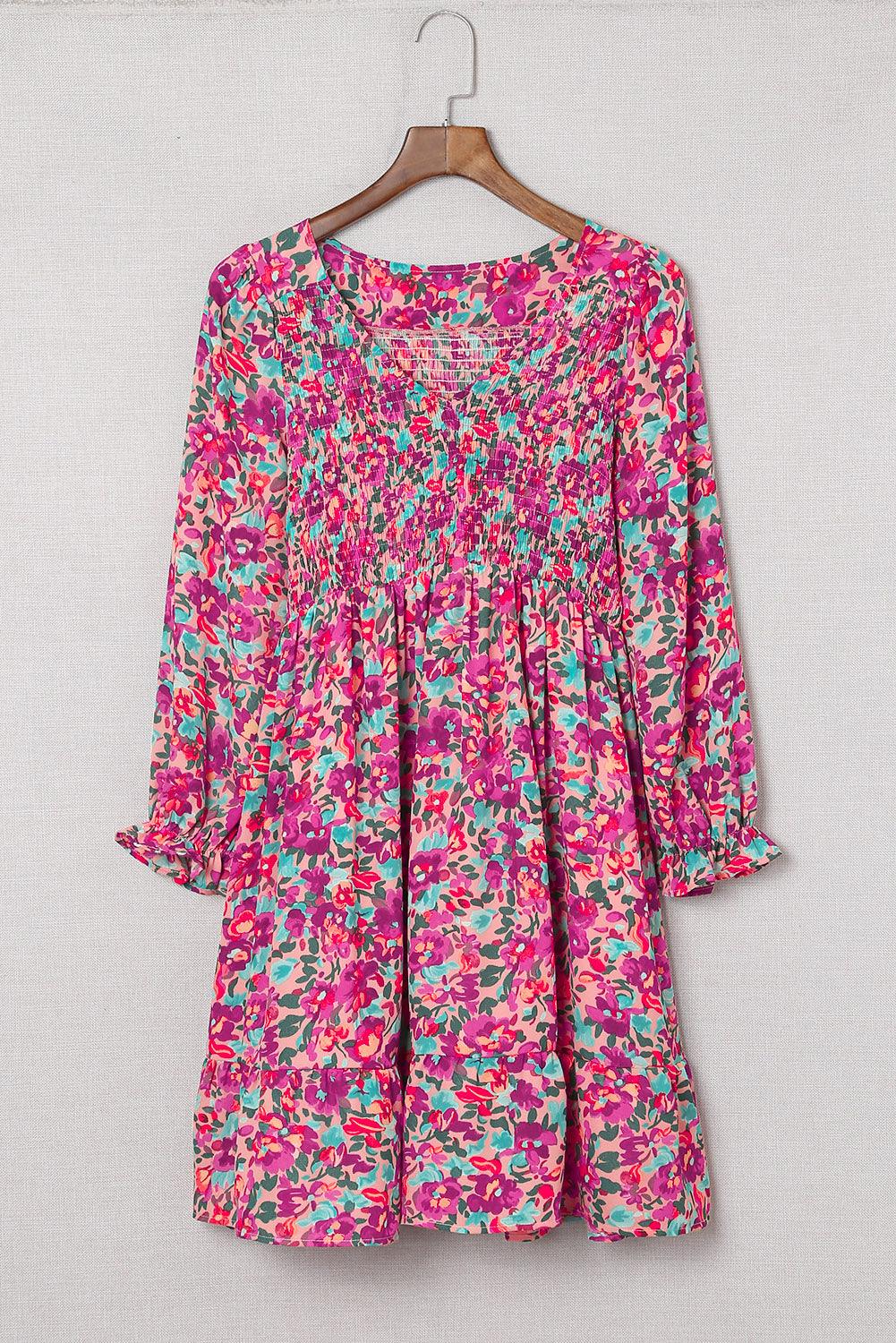 Smocked V-Neck Puff Sleeve Floral Dress Floral Dresses MyDresses 