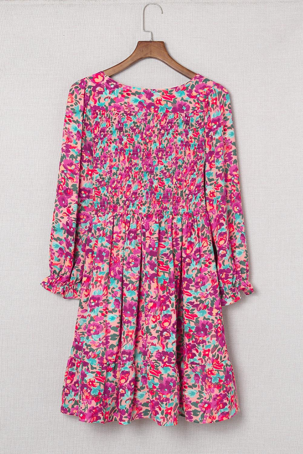 Smocked V-Neck Puff Sleeve Floral Dress Floral Dresses MyDresses 