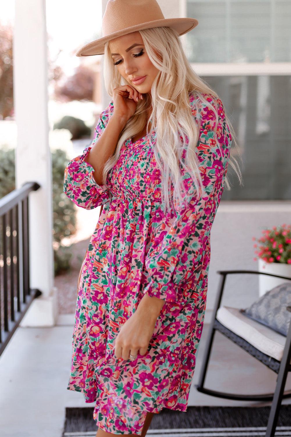 Smocked V-Neck Puff Sleeve Floral Dress Floral Dresses MyDresses 