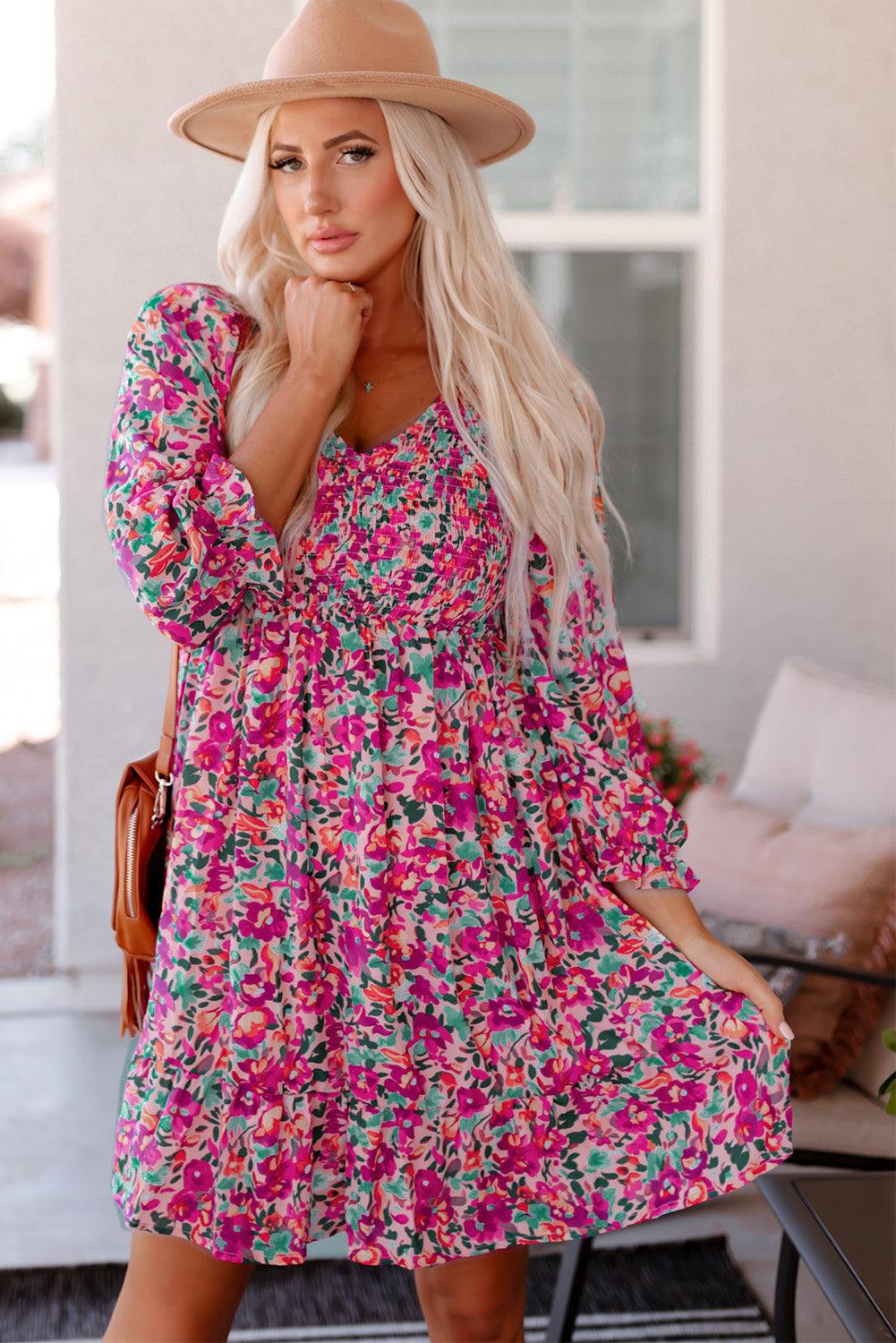 Smocked V-Neck Puff Sleeve Floral Dress Floral Dresses MyDresses 