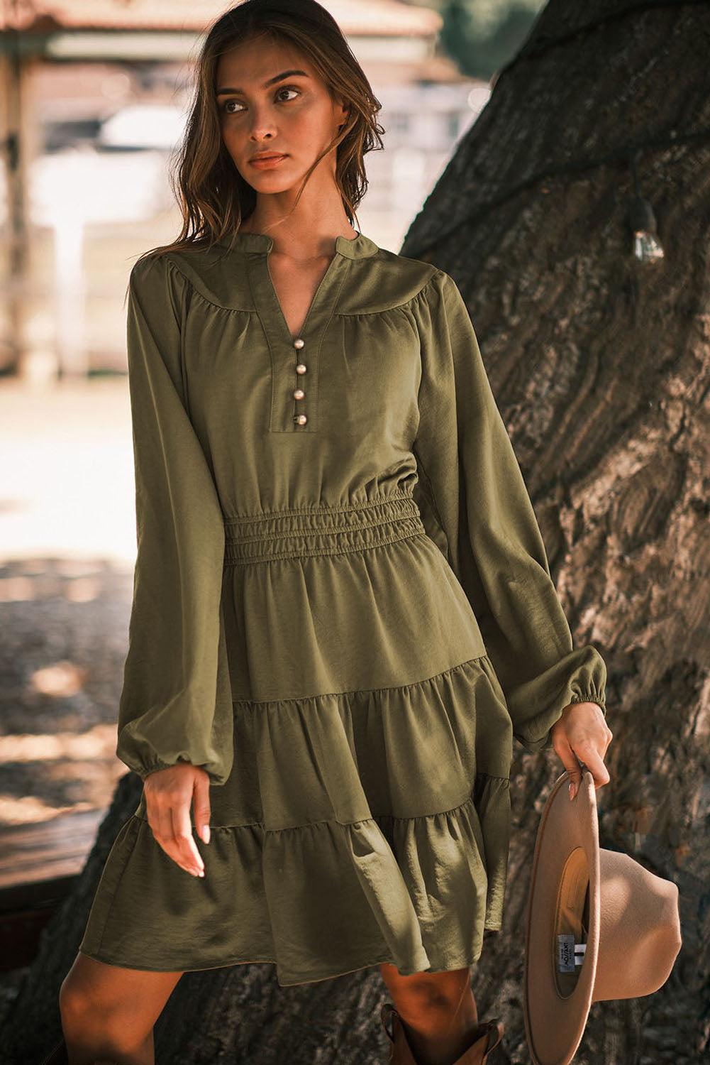 Split Neck Balloon Sleeve Tiered Ruffled Dress Mini Dresses MyDresses 
